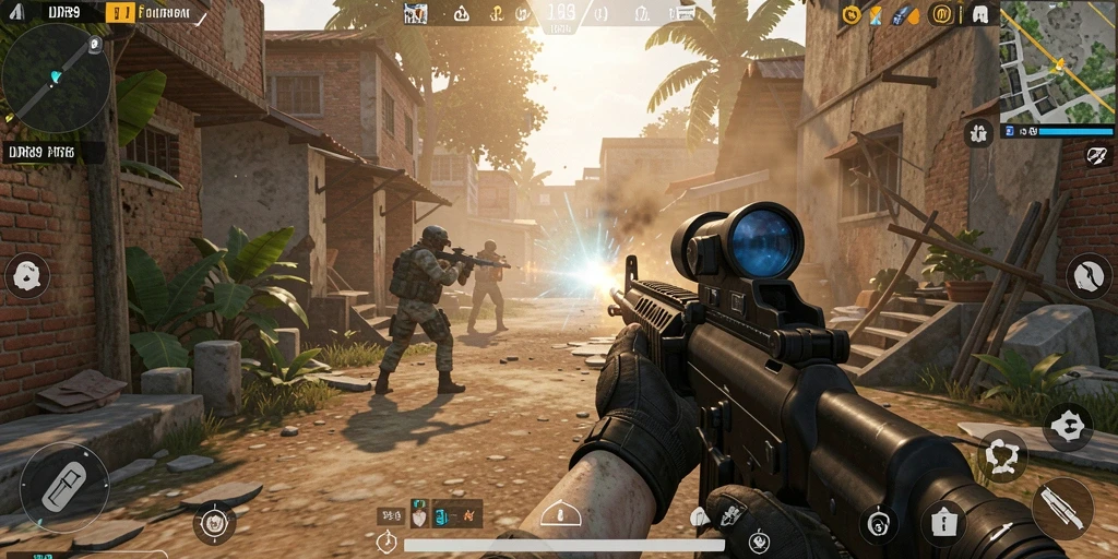 Tampilan gameplay menegangkan dari IDR89 dengan aksi FPS yang intens.