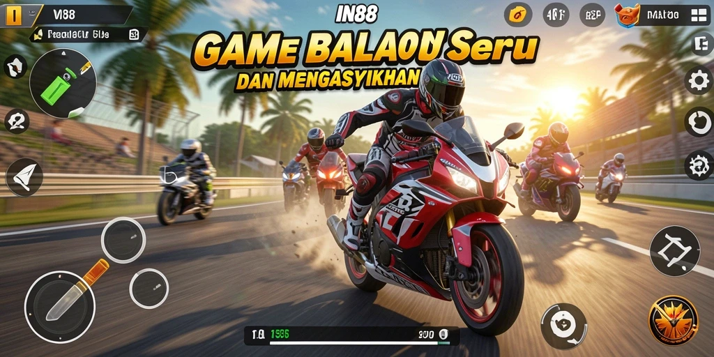 Screenshot menunjukkan gameplay balap motor yang penuh aksi.