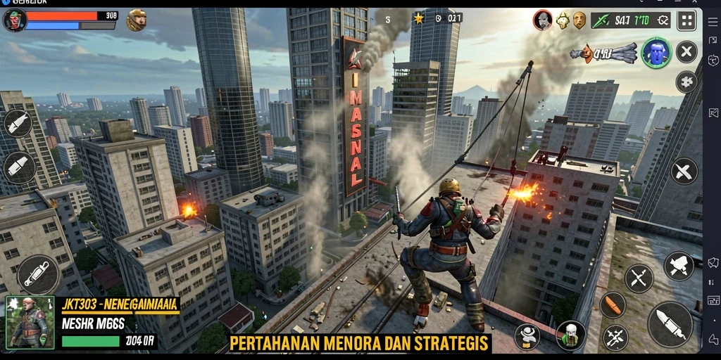 Tampilan layar permainan JKT303 dengan aksi pertahanan menara yang intens.