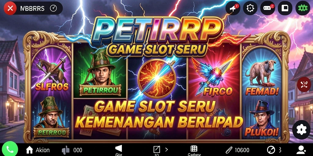 Screenshot gameplay Slot PETIRRP dengan gulungan berputar dan simbol kemenangan.