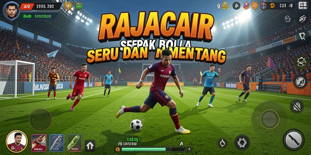 Tampilan gameplay seru dalam RAJACAIR dengan aksi sepak bola yang mendebarkan.